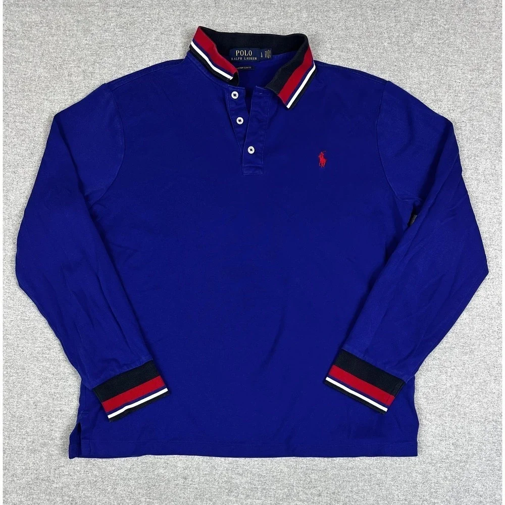 Polo Ralph Lauren Polo Shirt Mens Large Royal Blue‎ Custom Slim Fit Long Sleeve